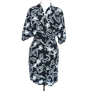 Vintage NORMA KAMALI Dress Small Women Black White Print Rayon Short Dolman Slv